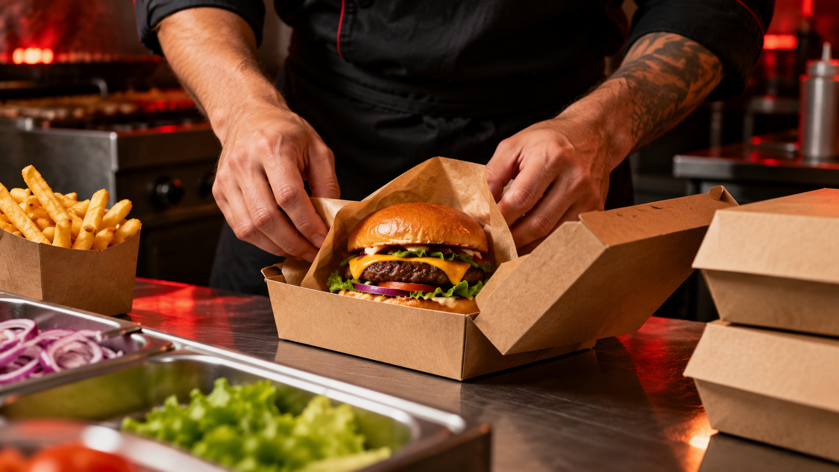 Preparação de um pedido em uma cozinha de delivery